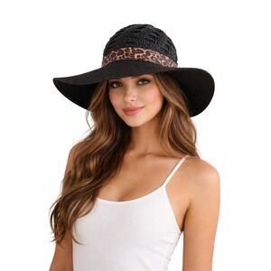 Magid Hats Womens Black Paper Straw Floppy Sun Hat Leopard Print Band Wide Brim